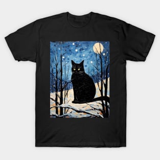 Black Cat Christmas Starry Night T-Shirt